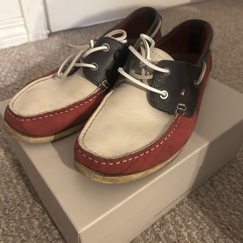 Tommy Hilfiger Men's Red, White, and Black Boat Shoes